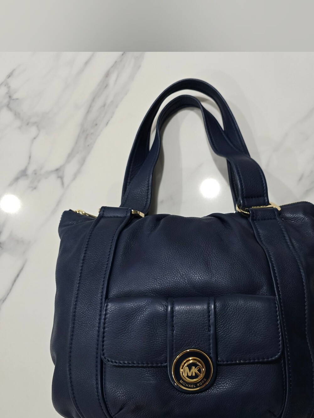 Michael Kors Navy Leather Shoulder Bag with Gold MK Emblem
